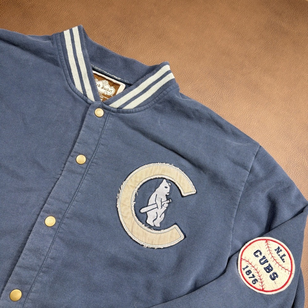 Chicago Cubs Retro Varsity Jacket Snap Button Fleece Men's Large Blue VTG MLB